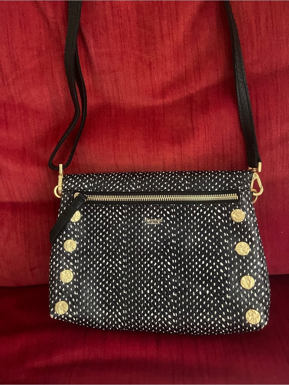 Hammitt Blue, burgundy and White Patterned Crossbody with Brown Leather Accent. - Picture 2 of 8